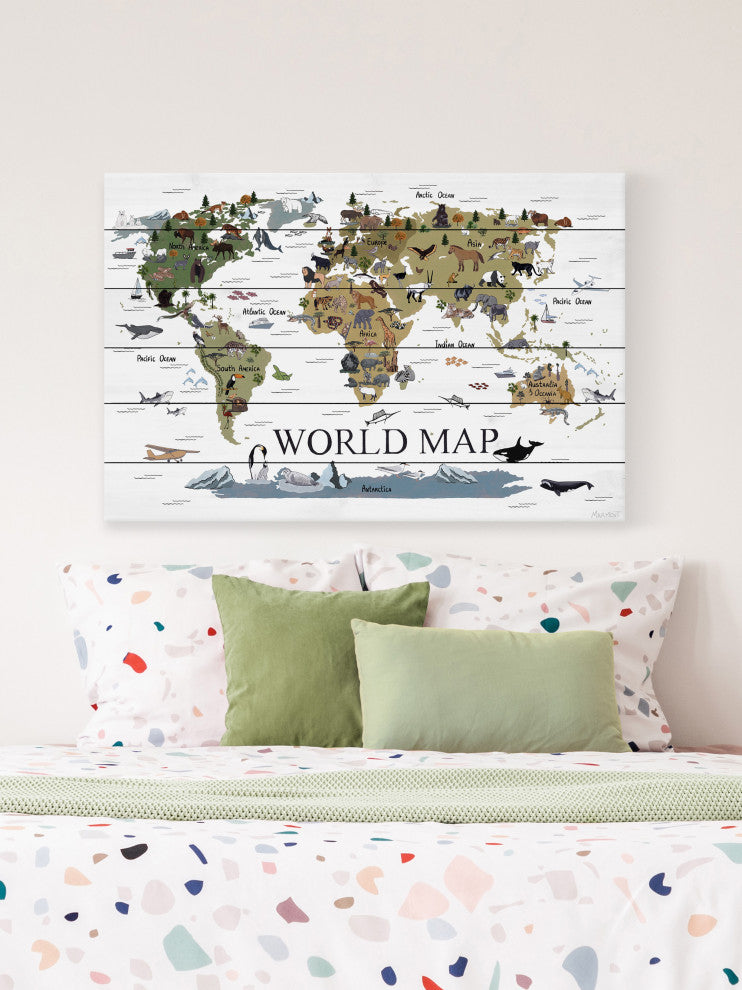 "World Map of Animals" Painting Print on White Wood, 36x24