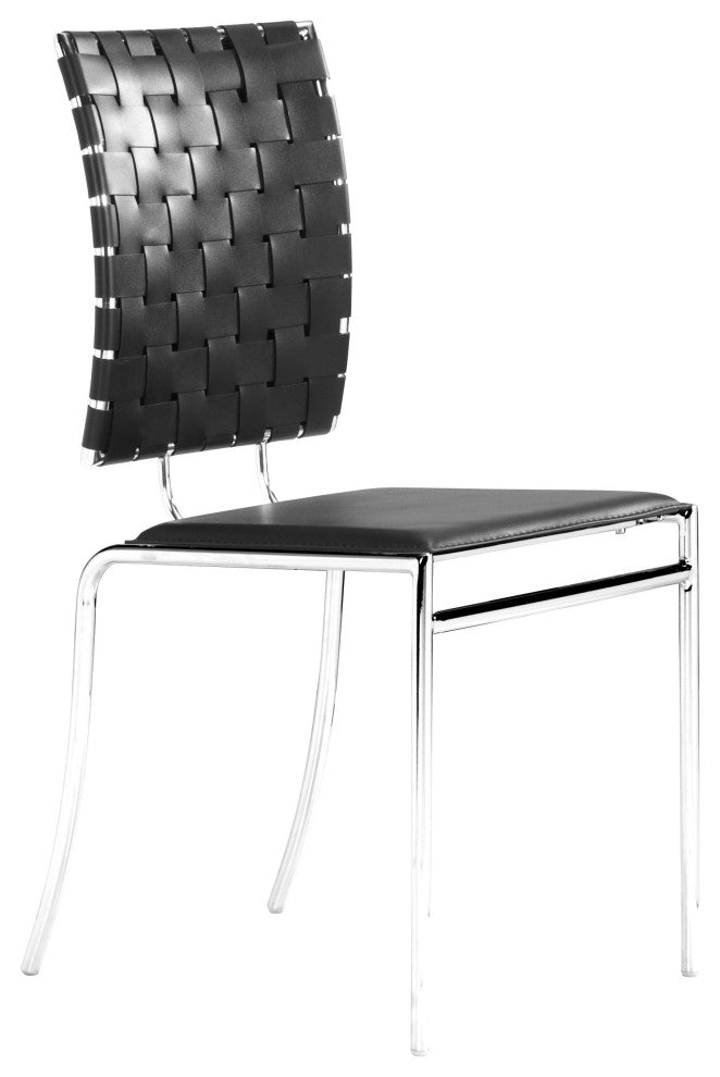 Set of Four Black Faux Leather and Steel Modern Basket Weave Dining Chairs