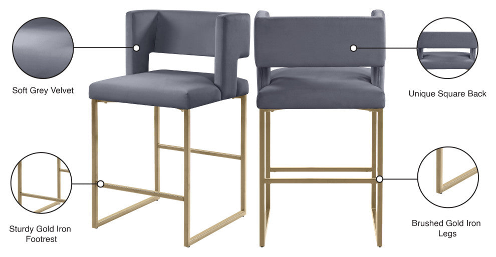 Caleb Upholstered Counter Stool, Set of 2, Gray, Velvet, Brushed Gold