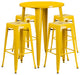 30" Round Yellow Metal Bar 5-Piece Table Set With 4 Square Seat Backless Stools