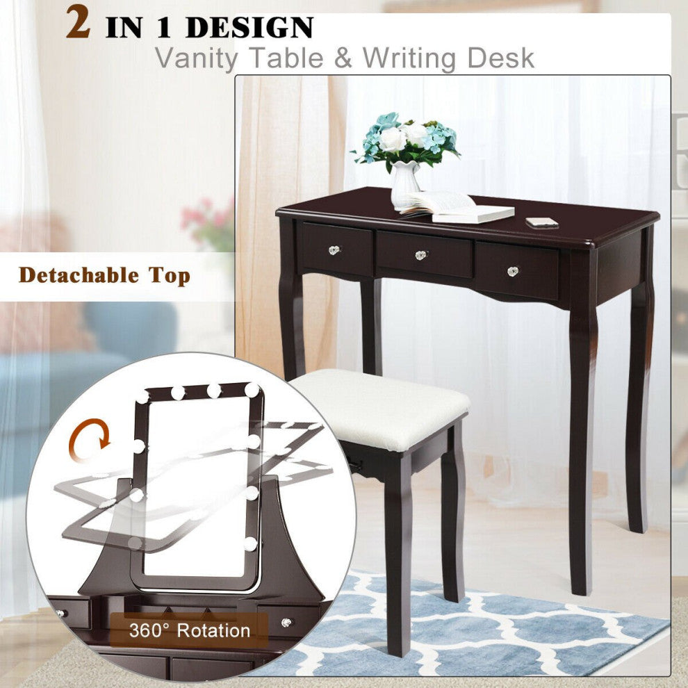 Elegant Vanity Set, Storage Drawers With Crystal Knobs & Lighted Mirror, Black