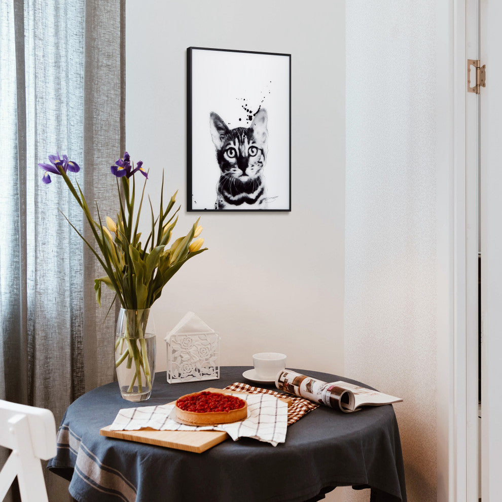 "Bengal Cat" Black and White Pet Paintings on Printed Glass with Anodized Frame