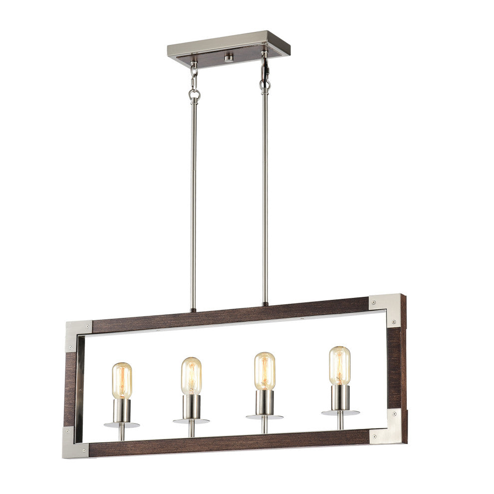 4-Light Brushed Nickel and Wood Farmhouse Island Linear Chandelier