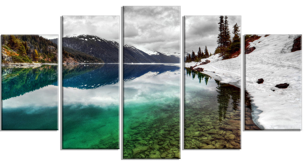 Clear Lake Pine Trees and Mountains, Landscape Canvas Print, 60"x32", 5 Panels