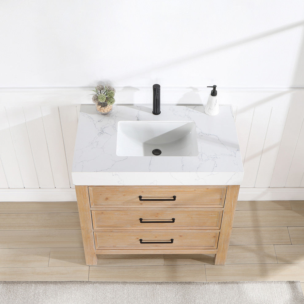 Leon Bath Vanity With Composite Stone Top, Fir Wood Brown, 36", No Mirror