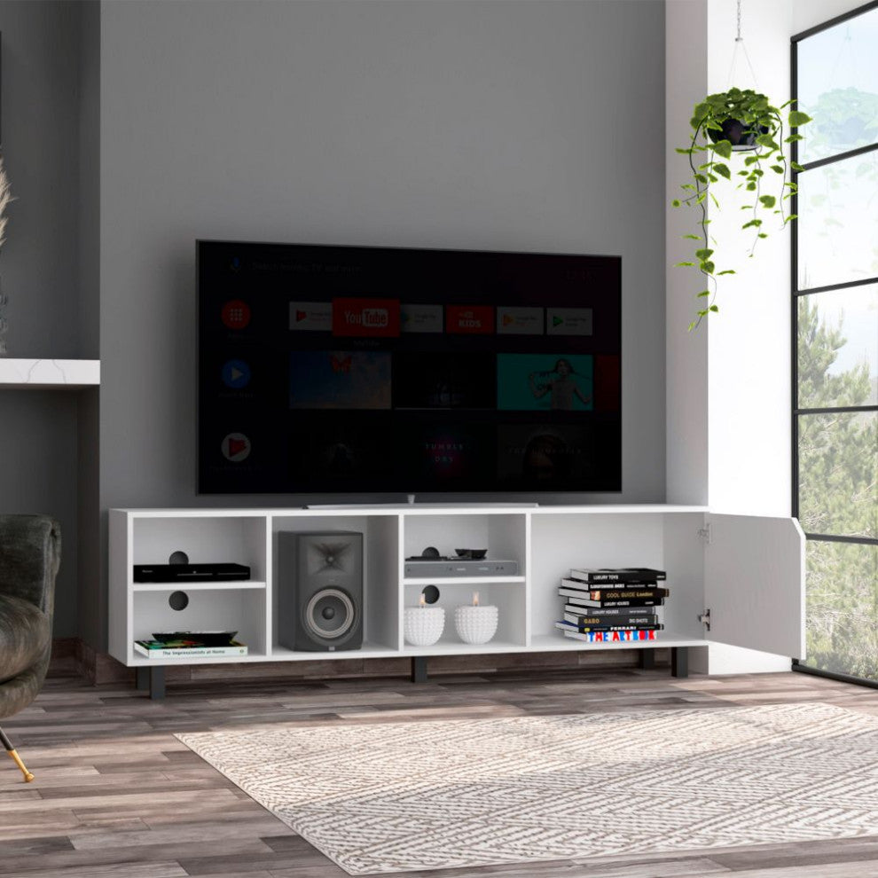 Native TV Stand for TVs up 70" with 5 Open Shelves, Cabinet, and 5 Legs, White