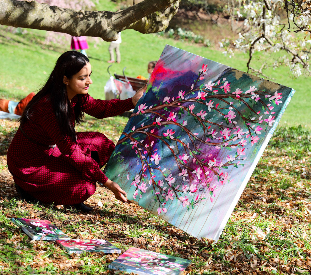 Cherry blossom, Abstract tree art, japanese magnolia painting, blossom tree art