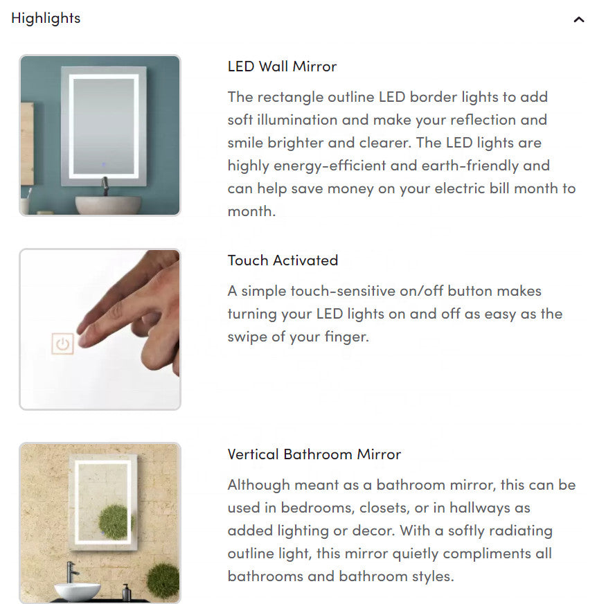 Anti-Fog Dimmable Multi-Color Inductive Touch LED Bathroom Mirror, 48x36 Inch