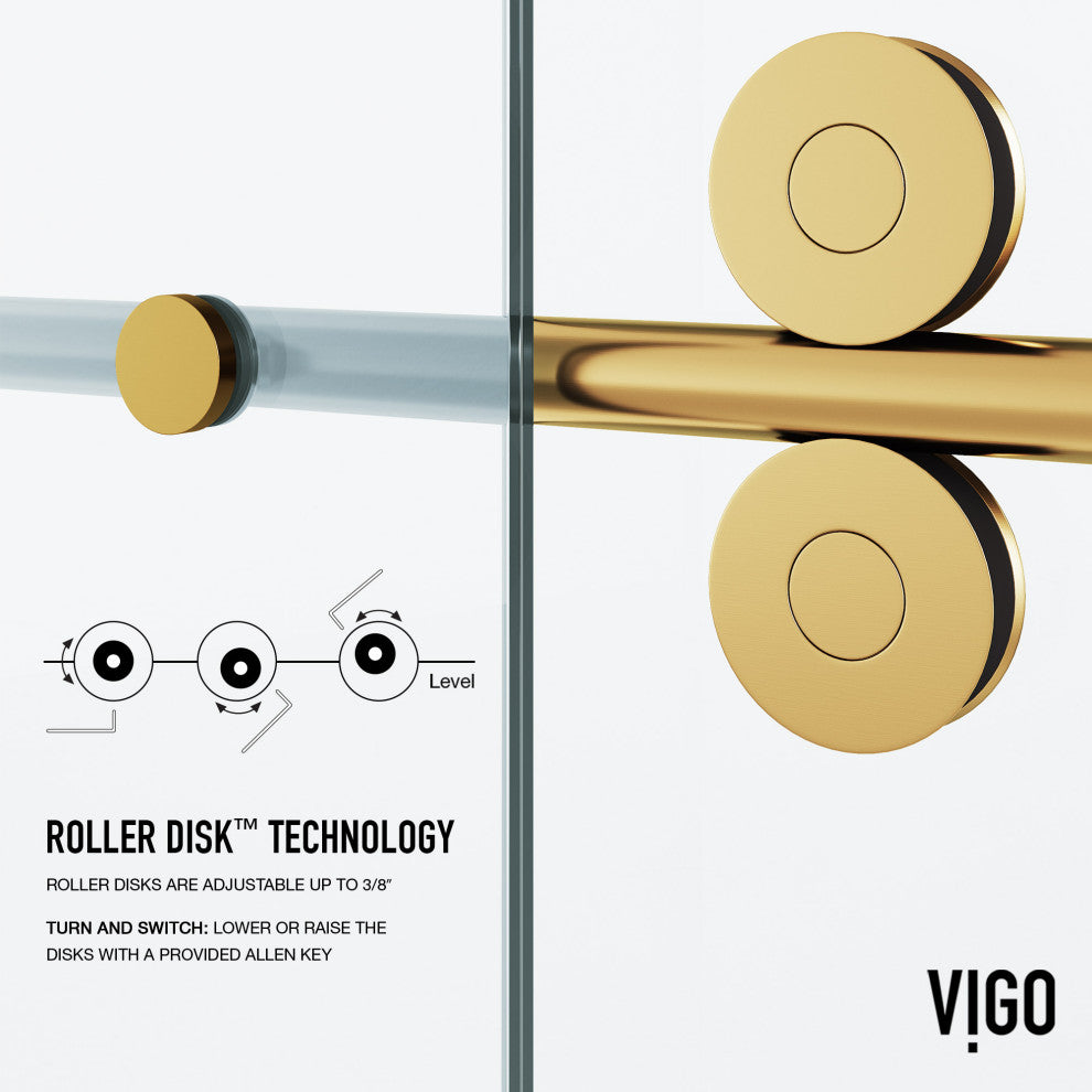 VIGO Elan 56" to 60" W x 66" H Frameless Sliding Tub Door, Matte Gold, Laminated Glass