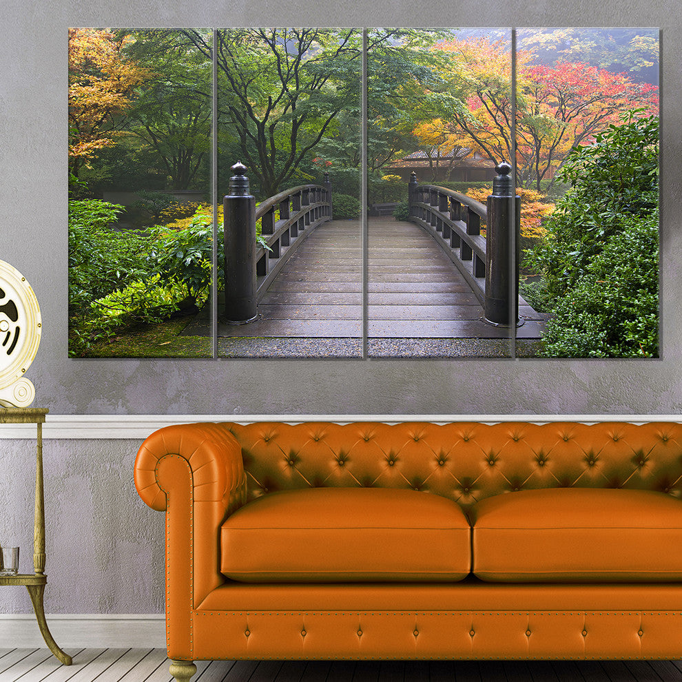 Wood Bridge at Japanese Garden In Fall, Bridge Canvas Print, 48"x28", 4 Panels
