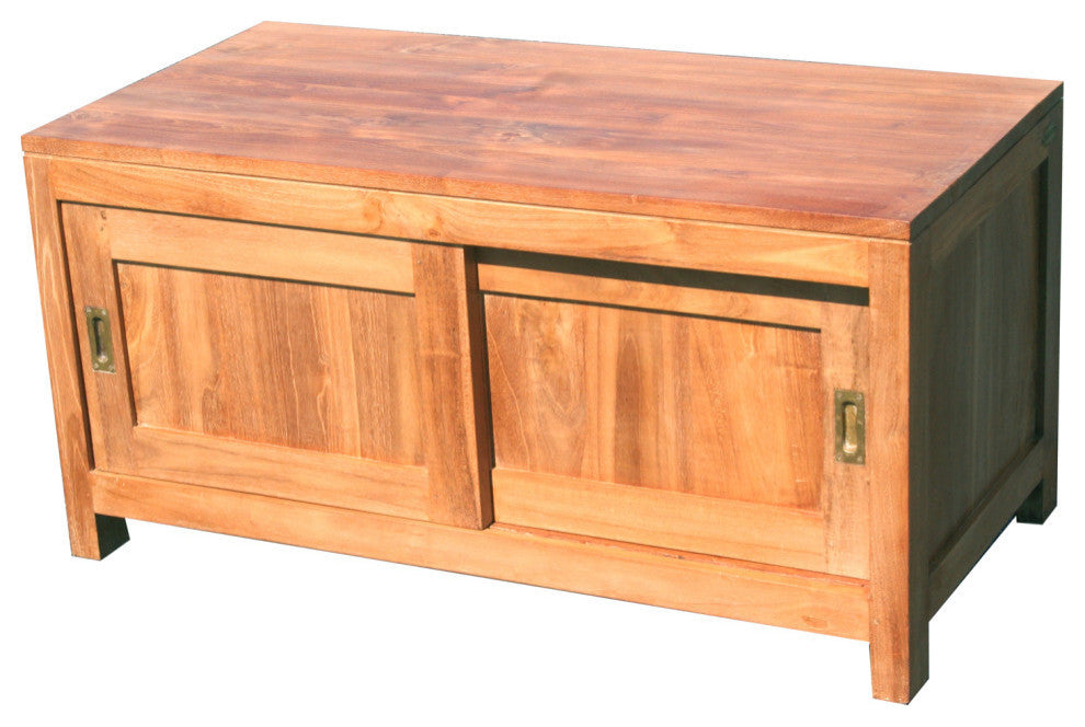 Waxed Teak Wood Sonoma Bathroom Linen Cabinet With 2 Sliding Doors