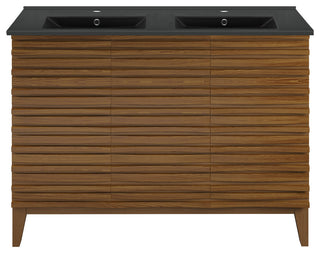 Cascade 48" Brown Oak, Double Basin Bathroom Vanity With Black Sink Top