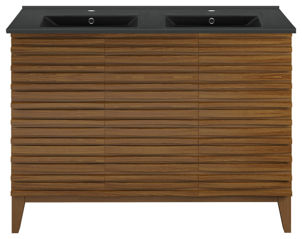 Cascade 48" Brown Oak, Double Basin Bathroom Vanity With Black Sink Top