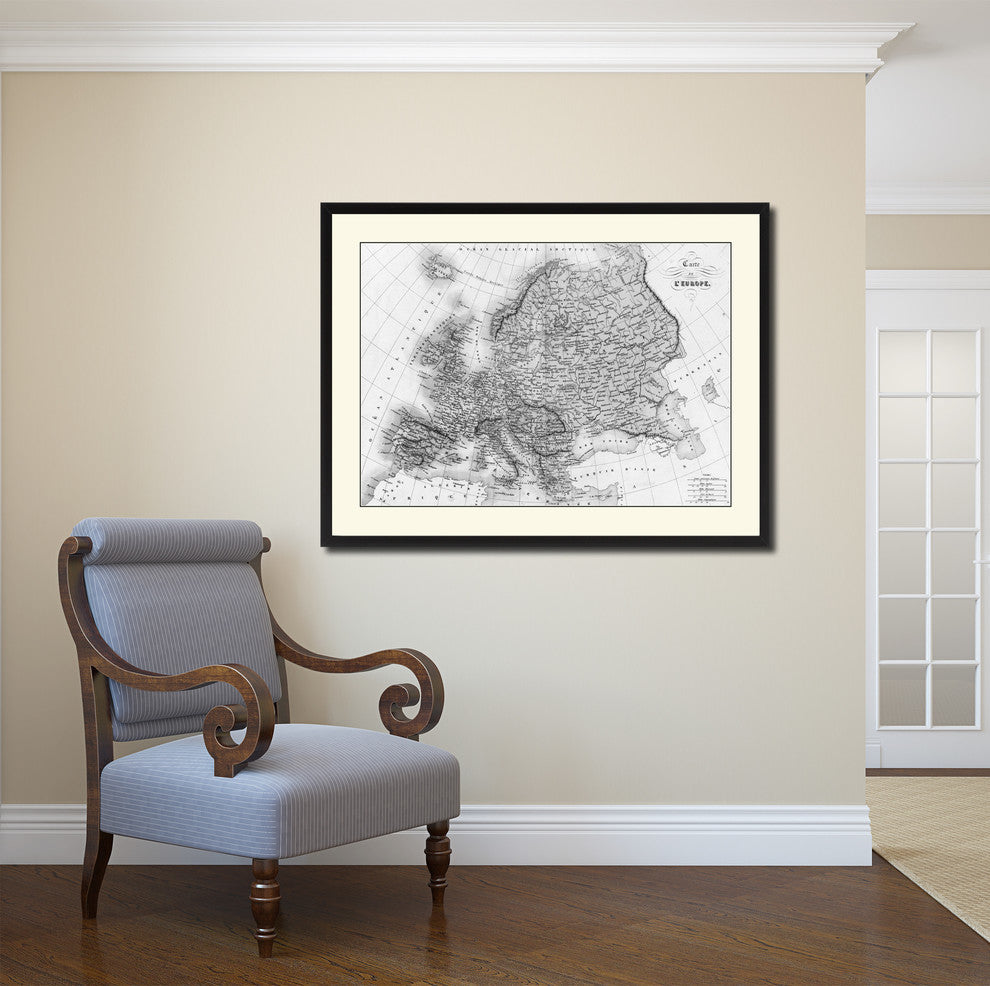 Europe Vintage Map Print On Canvas With Black Custom Frame, 16" X 21"
