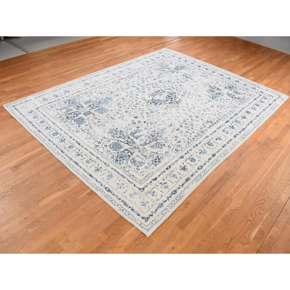 Ivory Modern Broken Design Kashan Wool and Silk Hand Knotted Rug 9'x12'1"
