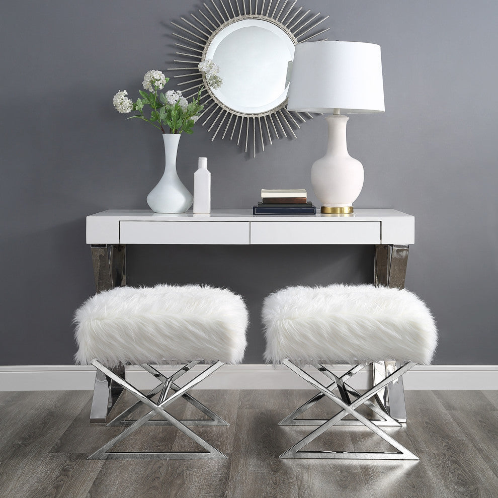 Oria Faux Fur X-Leg Chrome Base Ottoman, White/Chrome