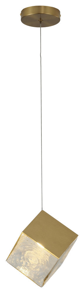 1-Light Brass Cubed Pendant With A Clear Distorted Glass Shade
