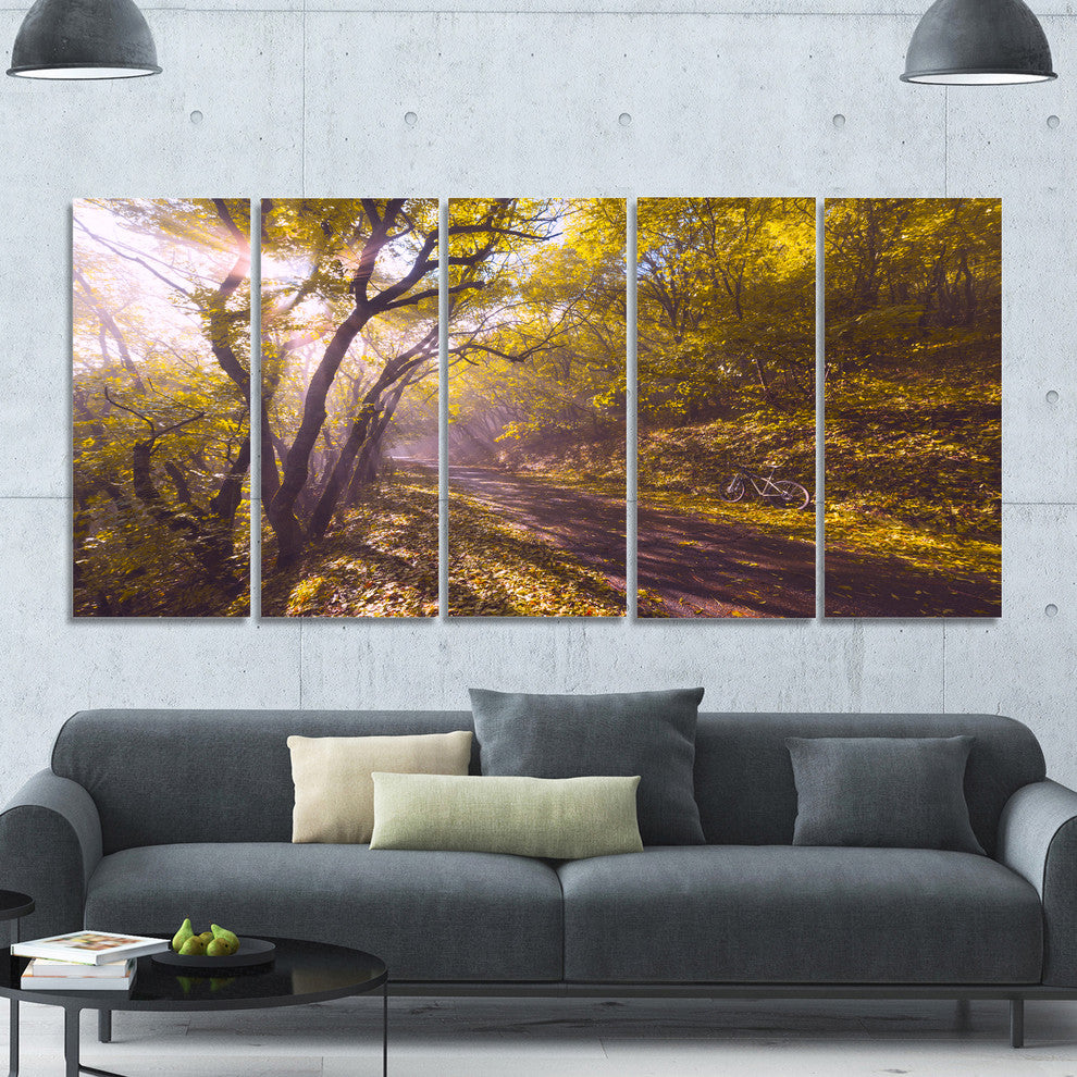Bicycle Ride in Fall Forest, Landscape Canvas Art Print, 60"x28", 5 Panels