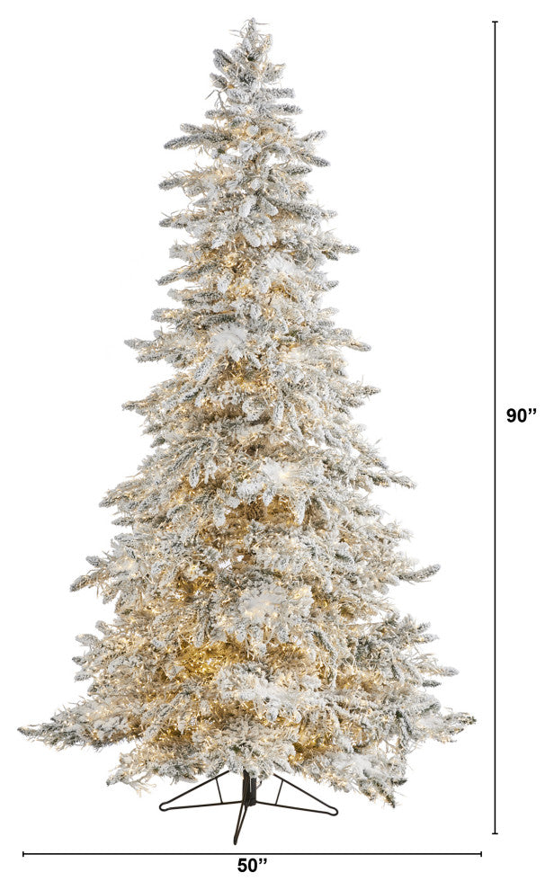 7.5' Flocked Grand Northern Rocky Fir Faux Xmas Tree W/Lights, Bendable Branches