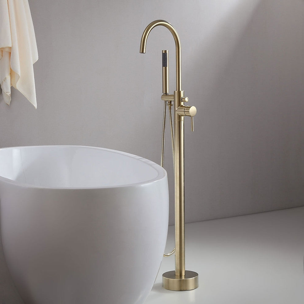 Freestanding Single Handle Tub Filler Faucet with Hand Shower, Brushed Gold