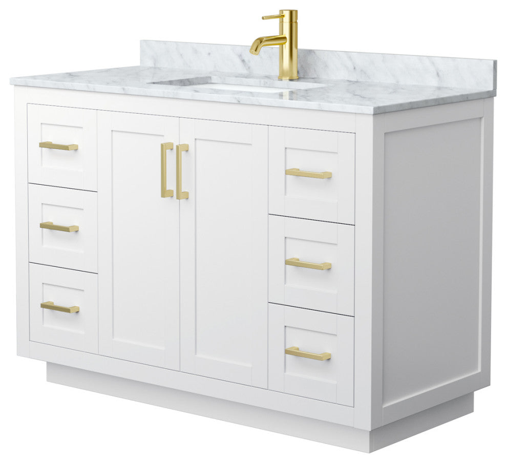 48" Single Bath Vanity, White, White Carrara Countertop, Sink, Gold Trim