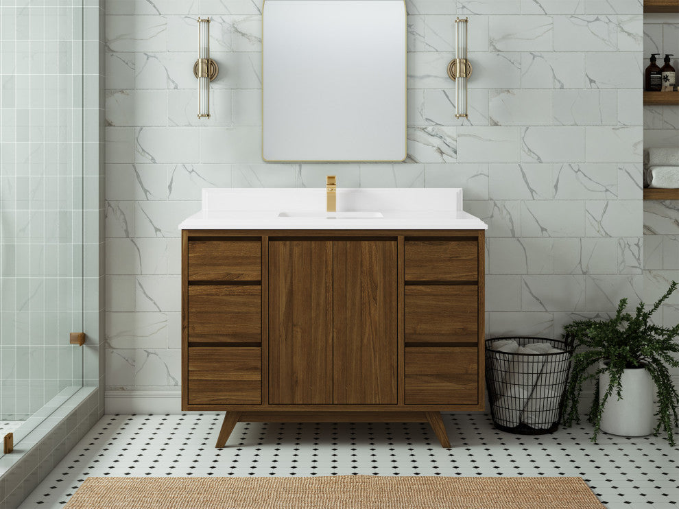 Madison Teak 48 Single Sink Bath Vanity in Dark Natural 1.5" White Quartz