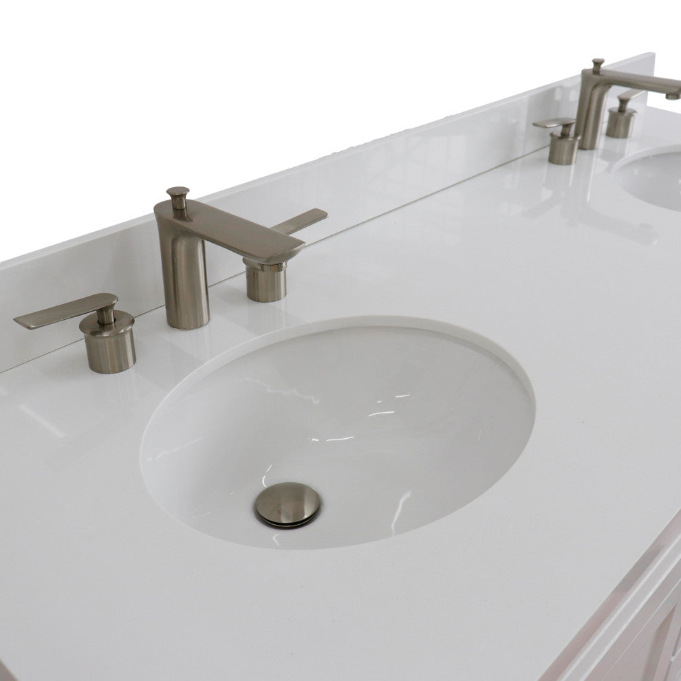 61" Double Sink Vanity, White Finish And Engineered Stone Top And Oval Sink