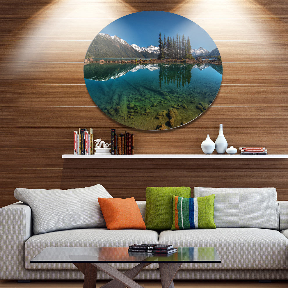 Row Of Pine Trees And Mountain Lake, Landscape Round Metal Artwork, 11"
