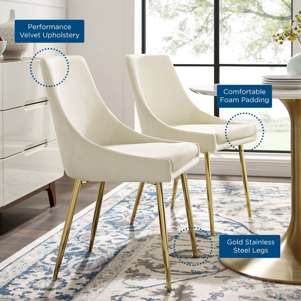 Side Dining Chair, Set of 2, Velvet, Metal, Gold Ivory White, Modern, Bistro