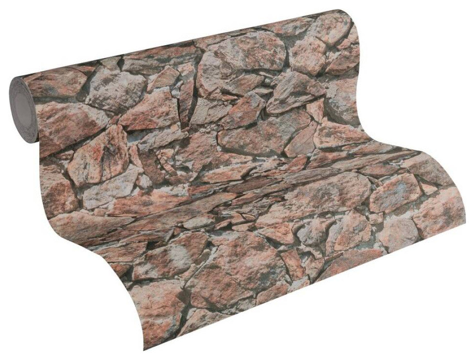 Faux Textured Wallpaper, Stones, Black Brown Red, One Roll