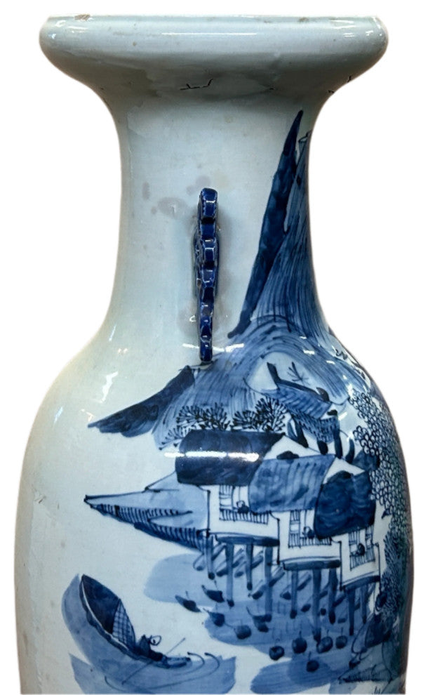 23.5" Vintage Blue White Scenery Porcelain Ru Yi Ear Art Vase Hws4430
