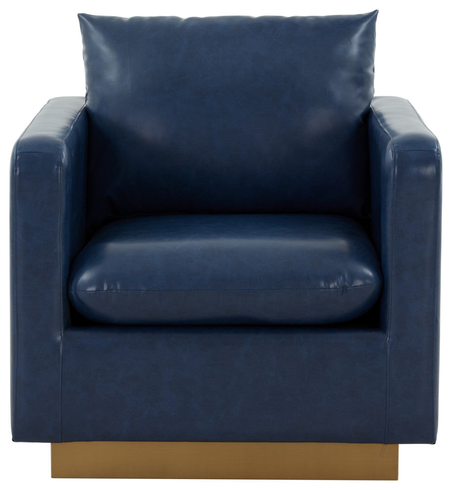 LeisureMod NS32BU-L Nervo Navy Blue Leather Accent Armchair With Gold Frame