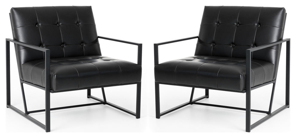 Modern Leatherette Accent Armchair With Black Metal Frame, Set of 2, Black
