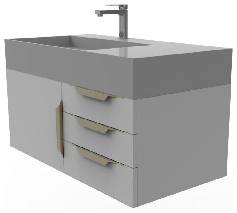 CastelloUSA Amazon 36" Wall Mount Vanity Set, Gray, Gray Top, Gold Handles