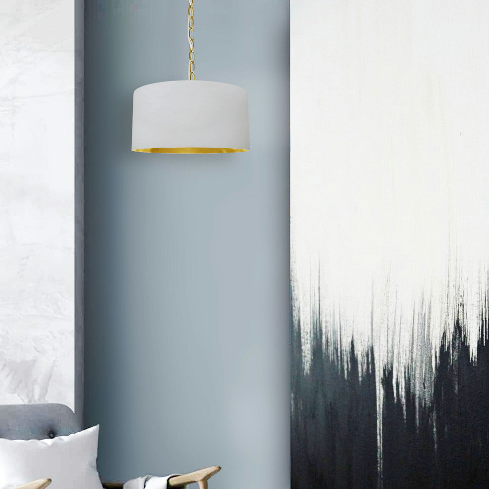 1 Light Small Braxton Aged Brass Pendant w/ White/Gold Shade