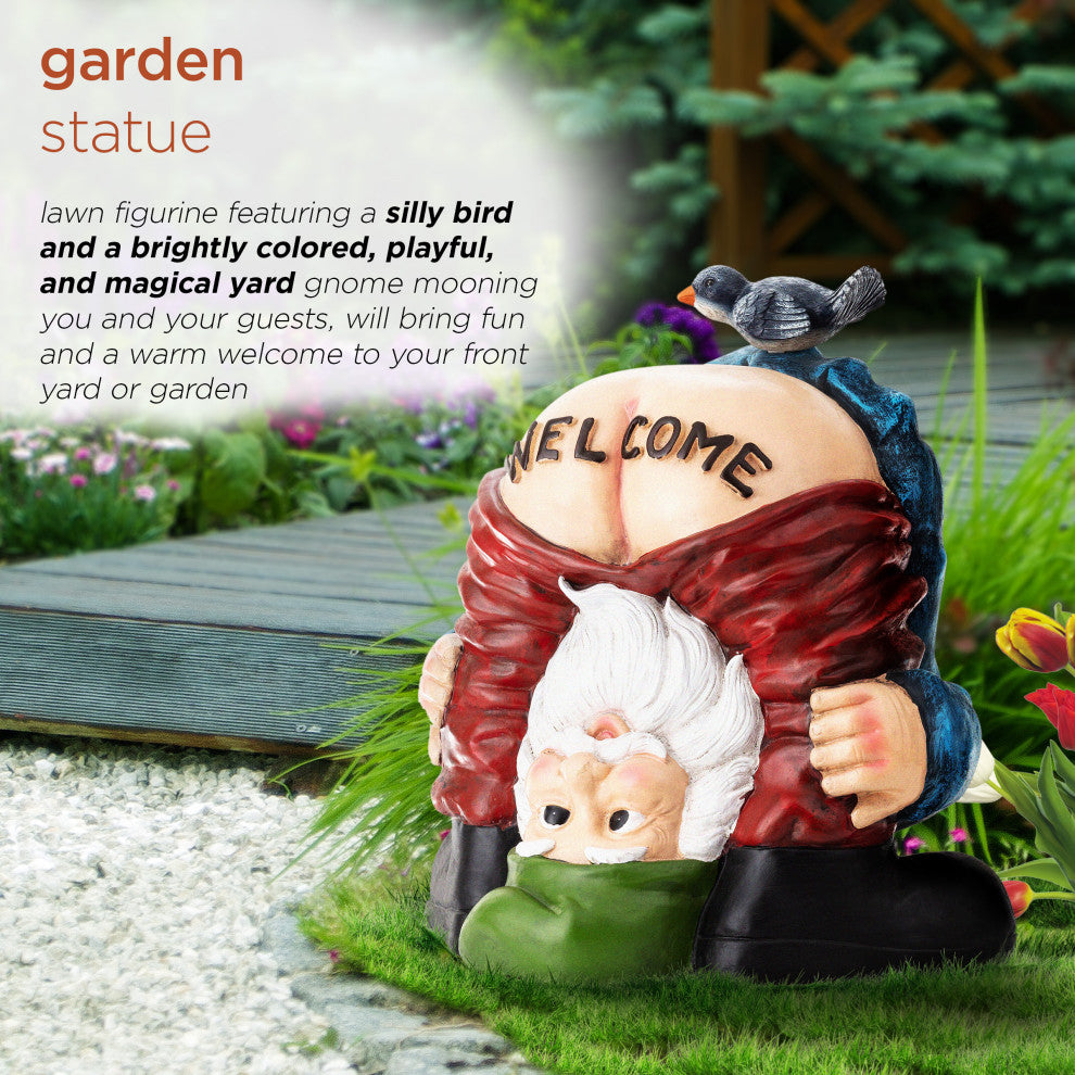 22" Tall Mooning "Welcome" Outdoor Garden Gnome with Bird Yard Statue Decoration
