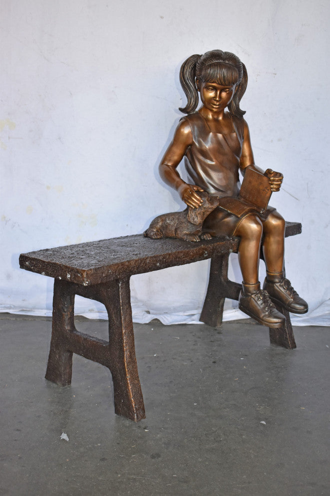 Young Girl with Her Puppy on Bench Reading Bronze Statue, Size 37" x 17" x 38"