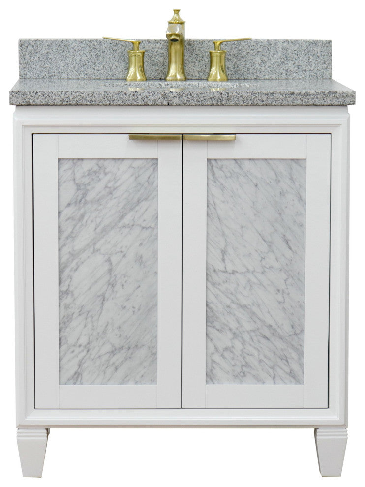 31" Single Sink Vanity, White Finish With Gray Granite With Oval Sink