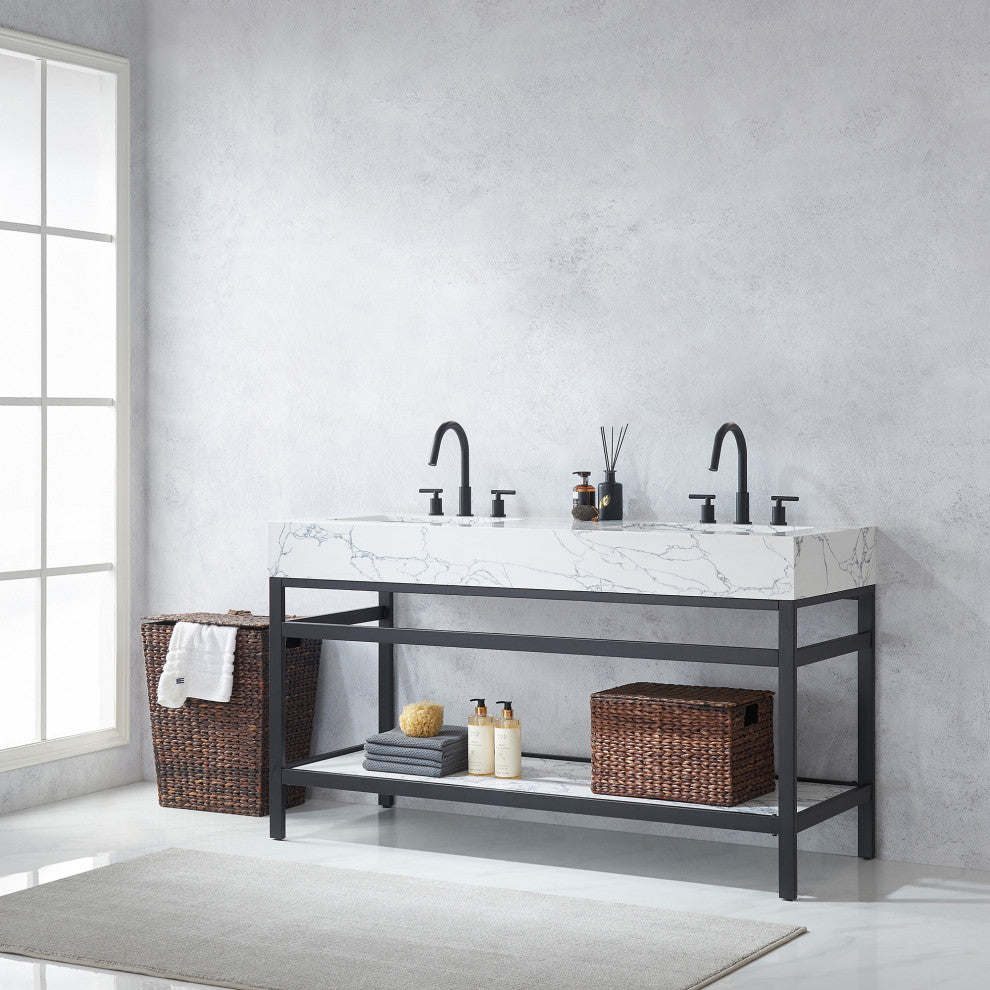 Ecija Bath Vanity, Metal Support with Stone Top, Matte Black, 60 in. Double Sink, No Mirror