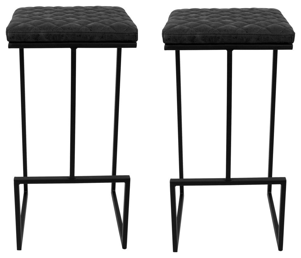 Quincy Leather Barstool Square Seats and Metal Frame Set of 2, Charcoal Black