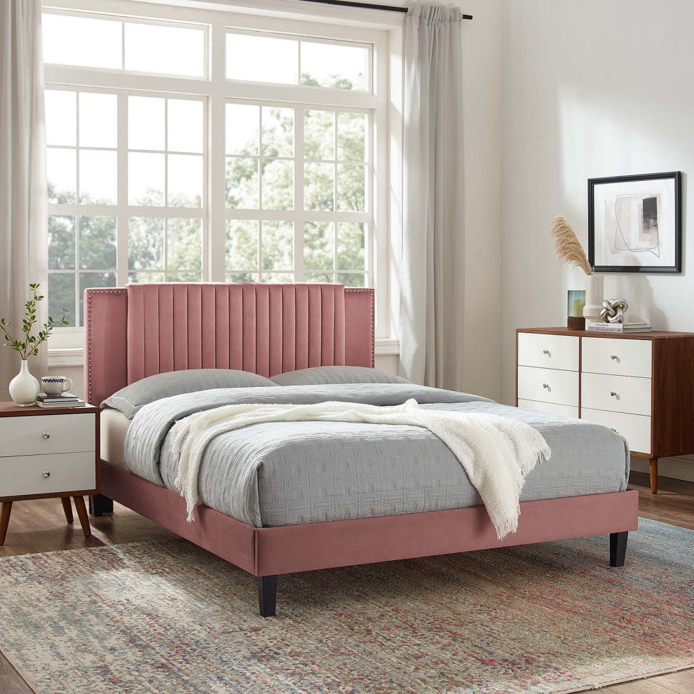 Zahra Channel Tufted Performance Velvet King Platform Bed, Dusty Rose