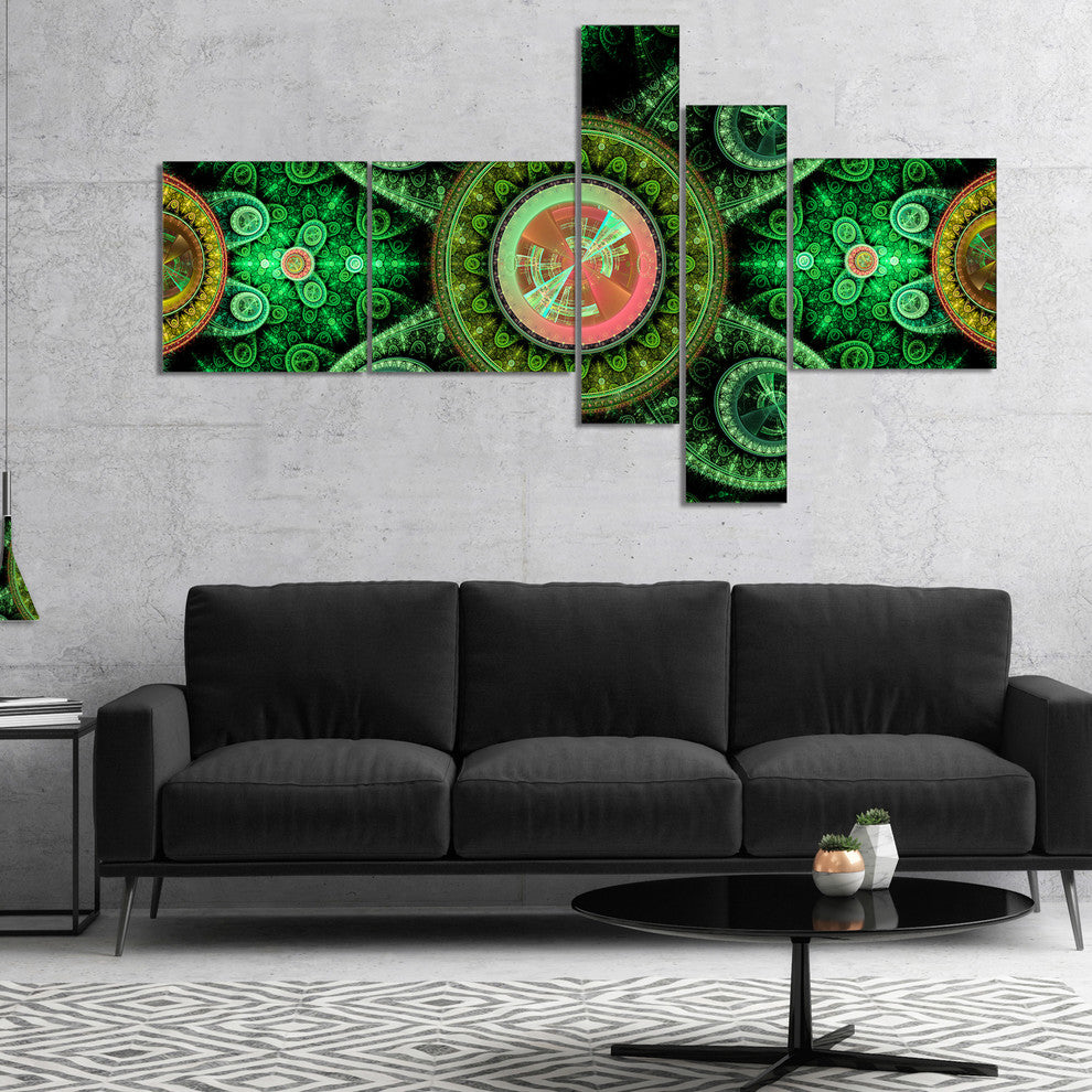 Green Psychedelic Relaxing Art, Abstract Canvas Art Print, 60"x32", 5 panels