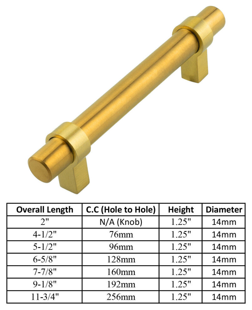 Satin Brass Gold Handle Pull 6-1/4" (160mm) Hole Centers, 7-7/8" Length