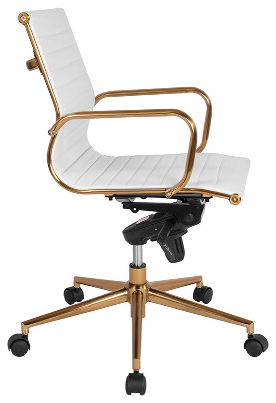 White Ribbed Leather Executive Swivel Office Chair,Gold Frame, Arms
