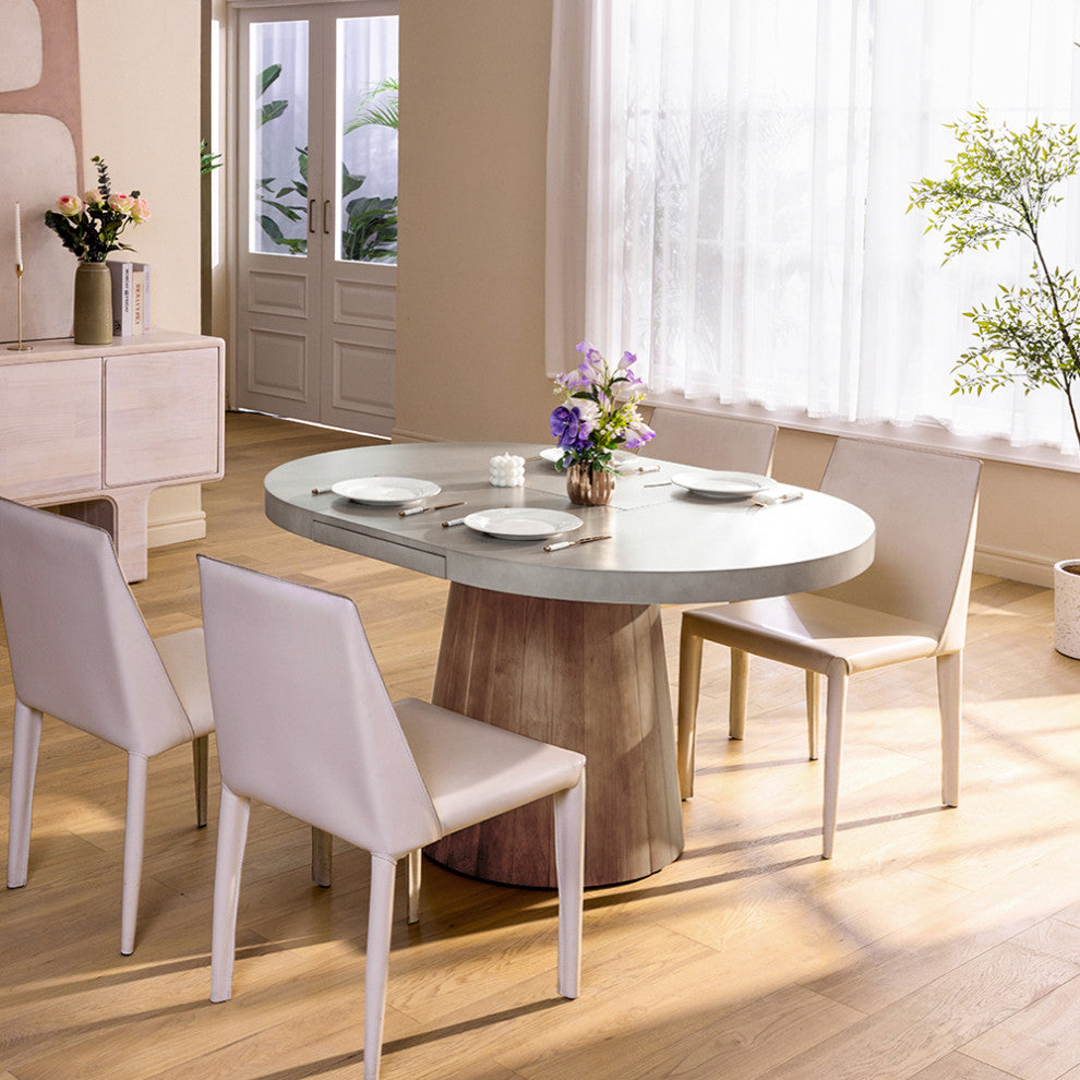 Japandi Extendable Dining Table 39"-55" Whitewash 6-Seater Oval&Round Pedestal, Gray