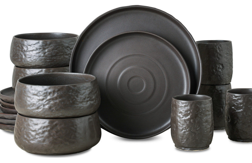 Stone by Mercer Project SHOSAI Stoneware 16 Piece Dinnerware Set, Black