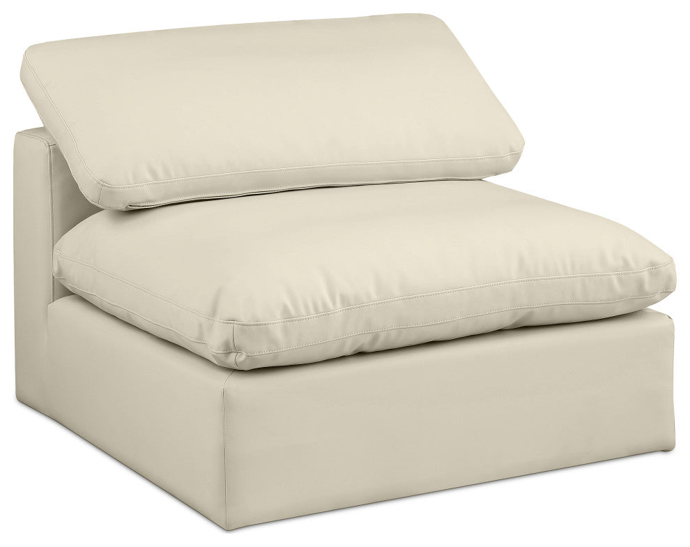 Comfy Beige Linen Textured Fabric Modular Chair, Cream, Vegan Leather, Armless Chair