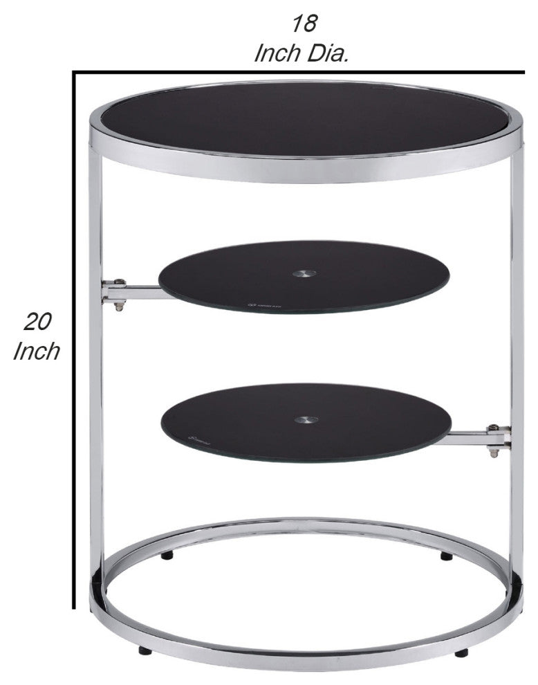 Benzara BM250241 20" Accent Table With 2 Tier Swivel Glass Shelves, Black/Chrome