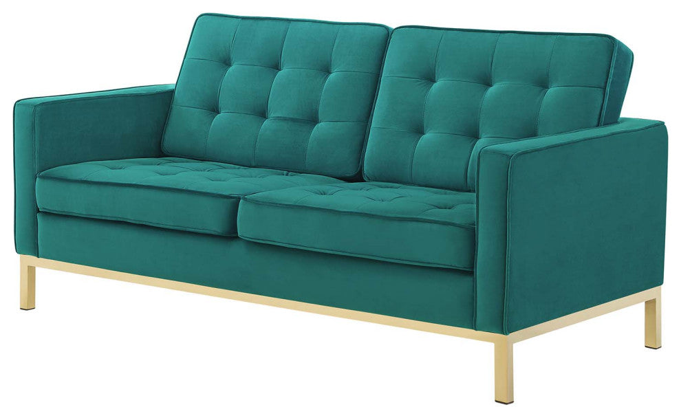 Armchair and Loveseat Sofa Set, Velvet, Gold Teal Blue, Modern, Lounge
