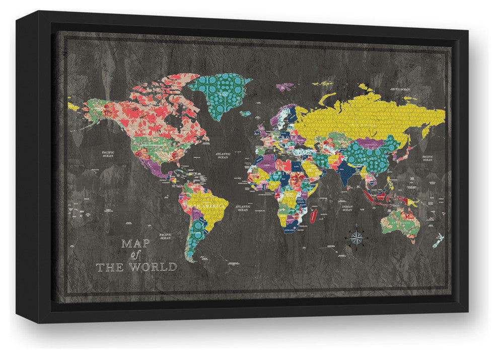 Colorful World Map Canvas Wall Art, 12"x18", Framed